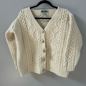 Aran Crafts White Cable Knit Merino Wool Button Front Cardigan Sweater